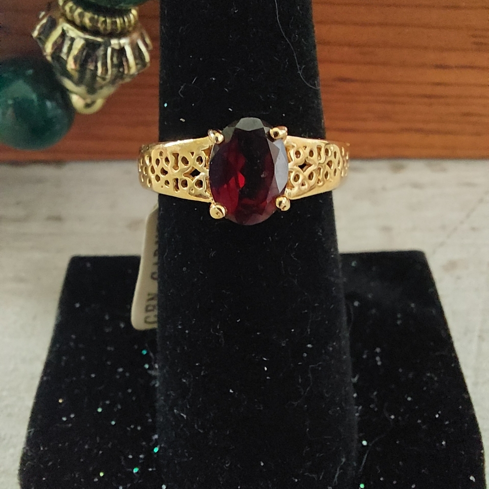 Filigree Style 14K Gold Plated Garnet Ring